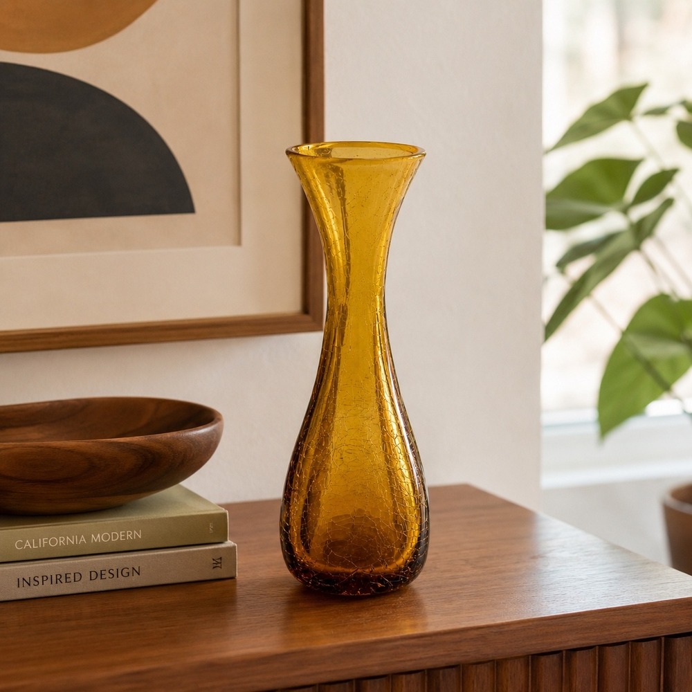 Vintage American Amber Crackle Art Glass Pinched Optic Vase Mid‎ Century
